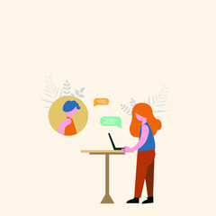 Girl working on a table and chatting with a colleague vector flat illustration