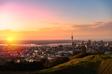 Sunset over Mt Eden, Sky Tower, Sky City, Auckland, New Zealand