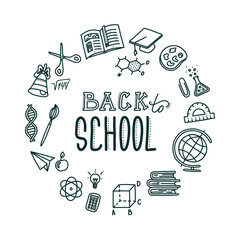 Back to school round banner with lettering. Hand drawn objects needed in school and associated with education. Vector illustration in doodle style