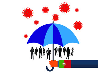 Business people vector flat illustration during Coronavirus Covid-19. Coronavirus infection control. Immune system protectio, support. 
government protection with umbrella