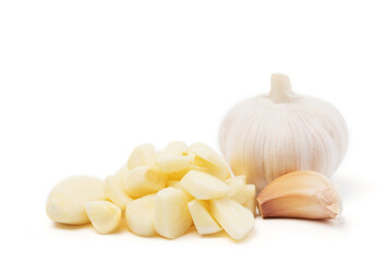 fresh raw garlic cut slice isolated on white background