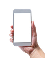 Hand holding modern smartphone with blank screen for apply display touch screen concept. isolated on white background with clipping path