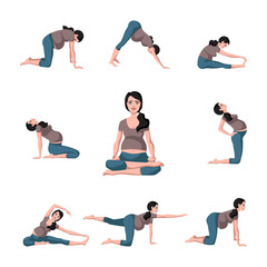 Pregnant females in sportswear while doing yoga. Set yoga for pregnant. Meditation. Relaxation. Vector Illustration in cartoon style isolated on white background.