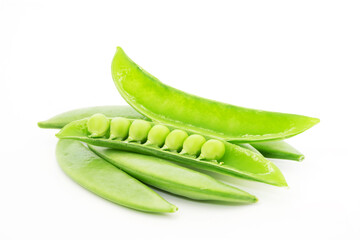 Close up of Fresh green sugar snap peas isolated on white background