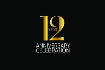 12 Year Simple Classic Style anniversary, Line Gold Style for invitation card, birthday card, banner, poster - vector