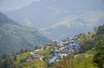 Landscape village in the mountains of Nepal Himalayas

