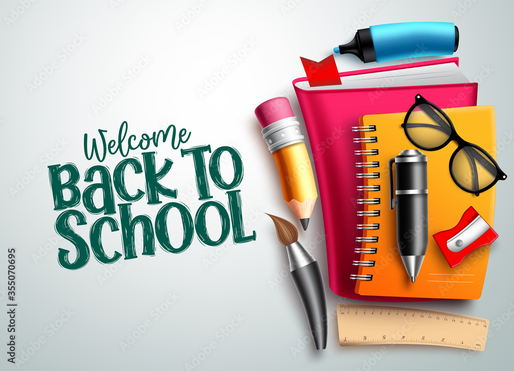 Poster back to school vector background. welcome back to school text in white empty space with colorful edu