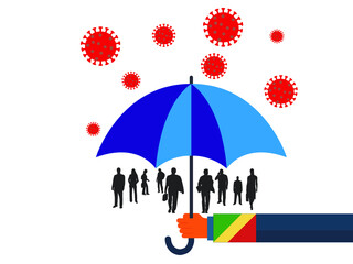 Business people vector flat illustration during Coronavirus Covid-19. Coronavirus infection control. Immune system protectio, support. 
government protection with umbrella