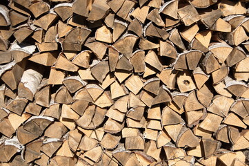 Woodpile of birch firewood. Ryazan region. Russia.