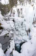Ice waterfall climbing (portrait shot), Johnston Canyon, Banff National Park, Alberta, Canada