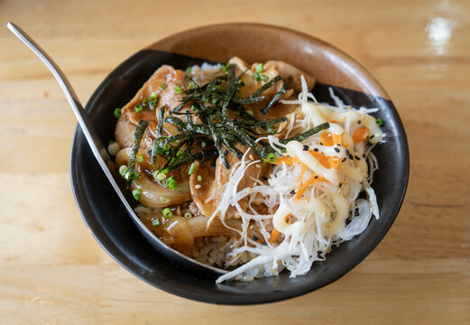 Japanese food, rice topped with pork, Toriyaki sauce