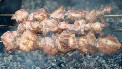 Cooking roasted over an open fire skewers of pork. shish kebab. shashlik.