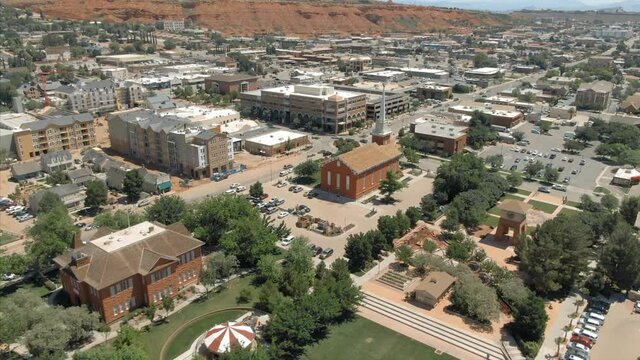Aerial: flying over downtown St George, Utah, USA