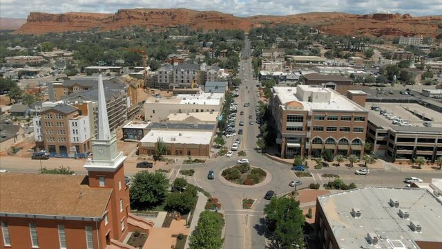 Aerial: flying over downtown St George, Utah, USA