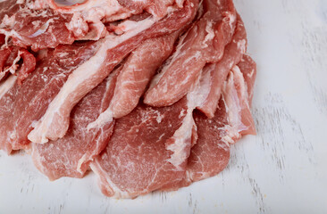 Piece of fresh juicy raw cutting meat in chopping board