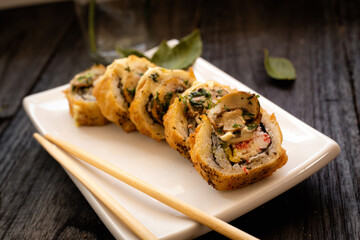 Homemade sushi with mushrooms and crab