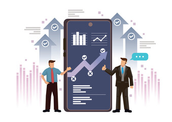 Businessmen using mobilephone analyzing sales data and economic growth graph chart.