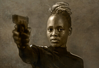 Hollywood movie style portrait of young attractive and confident black African American woman holding gun as special federal agent or mobster pointing the handgun