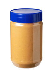 A container of peanut butter placed on a white background