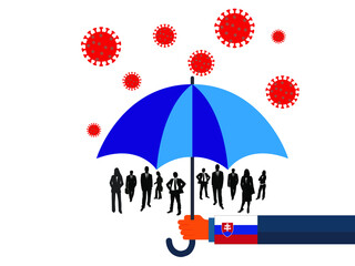 Business people vector flat illustration during Coronavirus Covid-19. Coronavirus infection control. Immune system protectio, support. 
government protection with umbrella