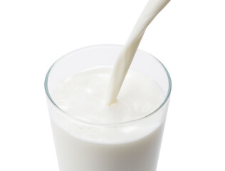 Pouring milk into a glass placed on a white background