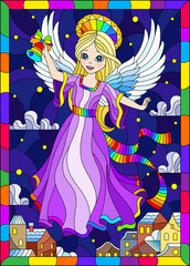 Illustration in a stained glass style on a religious theme, an angel girl in a purple dress hovering over the night city,in a bright frame