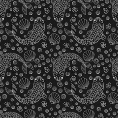 Seamless pattern on a marine theme with  fish and shells, light contour fishes on a dark background