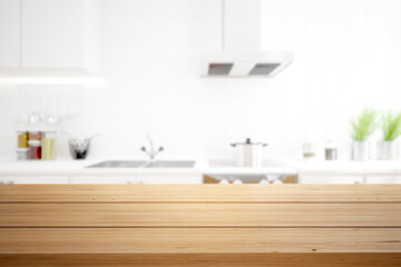 Fototapeta na wymiar Wood table top on blur kitchen counter background. 