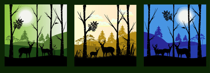 illustration with high pines in fir trees forest isolated on full colour background
