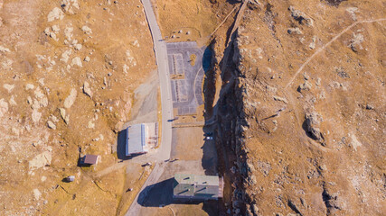 Drone aerial view of the Gavia mountain pass in Italy. Fall season. Italian Alps. Famous biker...