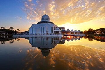 Beautiful sunrise reflections over the mosque in Perak, Malaysia