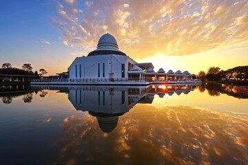 Obraz premium Beautiful sunrise reflections over the mosque in Perak, Malaysia