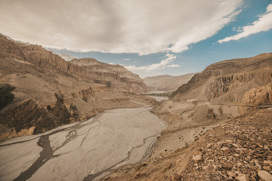 Upper mustang - Kingdom of Lo. Canyon in ancient Tibet. Sandstone massif in Nepal. trekking rote. high quality photo. Anapurna area. wild place.close territory.
