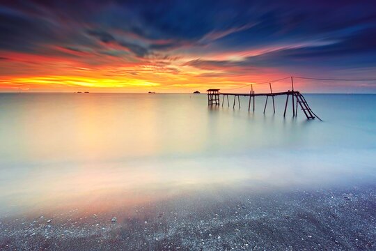 Long exposure sunset over the beach in Jeram Selangor