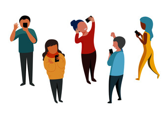 flat vector about happy people spend time with they smartphone.