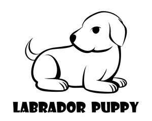 Black line vector illustration cartoon on a white background of a cute labrador puppy.