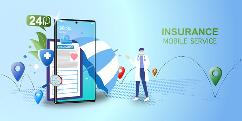 Insurance online concept. Insurance on mobile.Healthcare, finance and medical service. Vector illustration about Insurance.