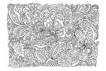 coloring book, zentangle style, for adults, patterns of stylized flowers and leaves, black and white doodle, hand-drawn, vector illustration