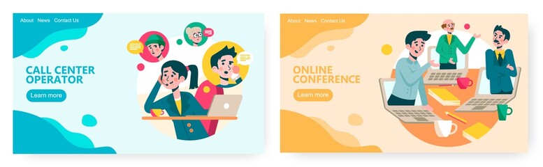 Online video conference, business team communication. Call center operator. Online video chat concept illustration. Vector web site design template. Landing page website illustration