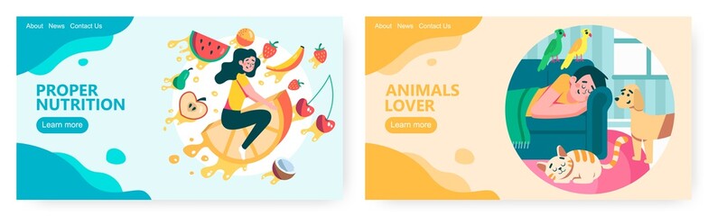Fruits and healthy diet. Happy pet owner sleep ion sofa with dog, cat and parrots around. Animal lover concept illustration. Vector web site design template. Landing page website illustration