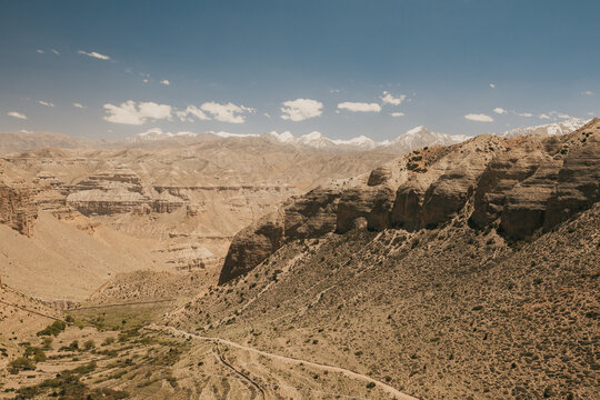 Upper mustang - Kingdom of Lo. Canyon in ancient Tibet. Sandstone massif in Nepal. trekking rote. high quality photo. Anapurna area. wild place.close territory.