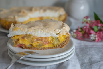 Home made rhubarb meringue cake on a plate