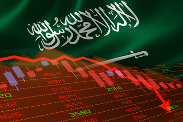Saudi Arabia Flag and Economic Downturn With Stock Exchange Market Indicators in Red. Concept of...