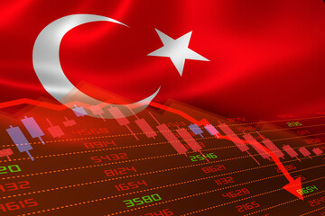 Turkey Flag and Economic Downturn With Stock Exchange Market Indicators in Red
