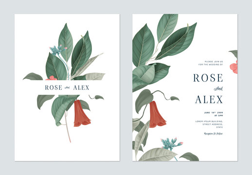 Floral wedding invitation card template design, various leaves and flowers on white