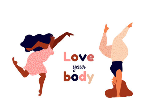 Happy women. Body positive banner. Love yourself, your body lettering type. Female freedom, girl power or international women's day vector illustration.