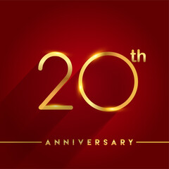 Celebrating of 20th years anniversary, logotype golden colored isolated on red background, vector design for greeting card and invitation card