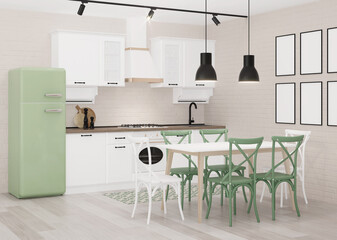 Interior with white classic kitchen with green fridge and light brick walls. 3D rendering.