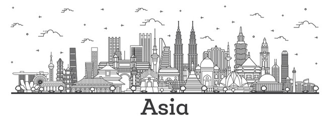 Asian Landscape. Outline Famous Landmarks in Asia. Vector Illustration.