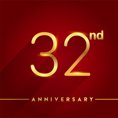 Celebrating of 32nd years anniversary, logotype golden colored isolated on red background, vector design for greeting card and invitation card